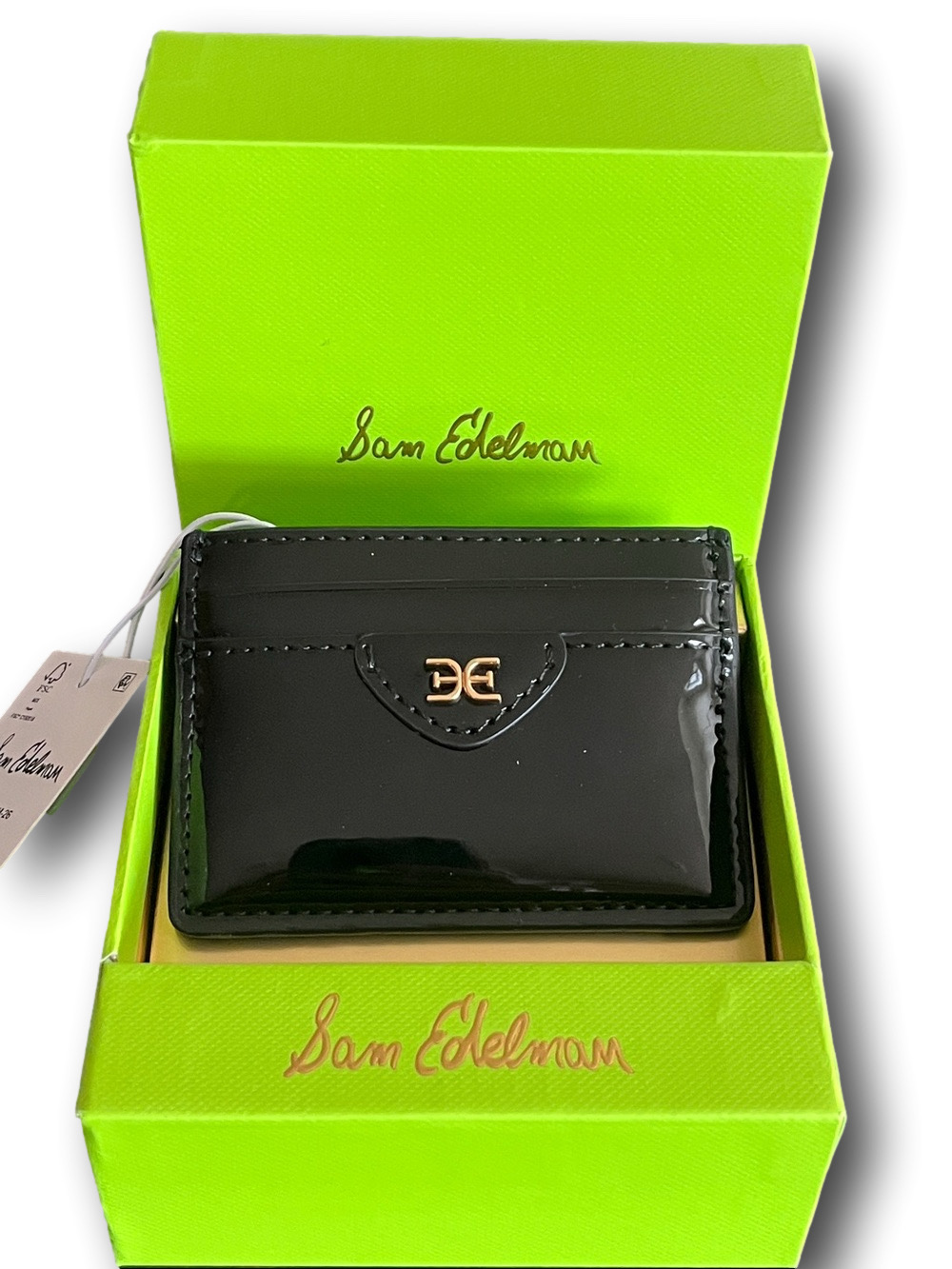 Sam Edelman Black Patent Card Case with Gold Double E Accent